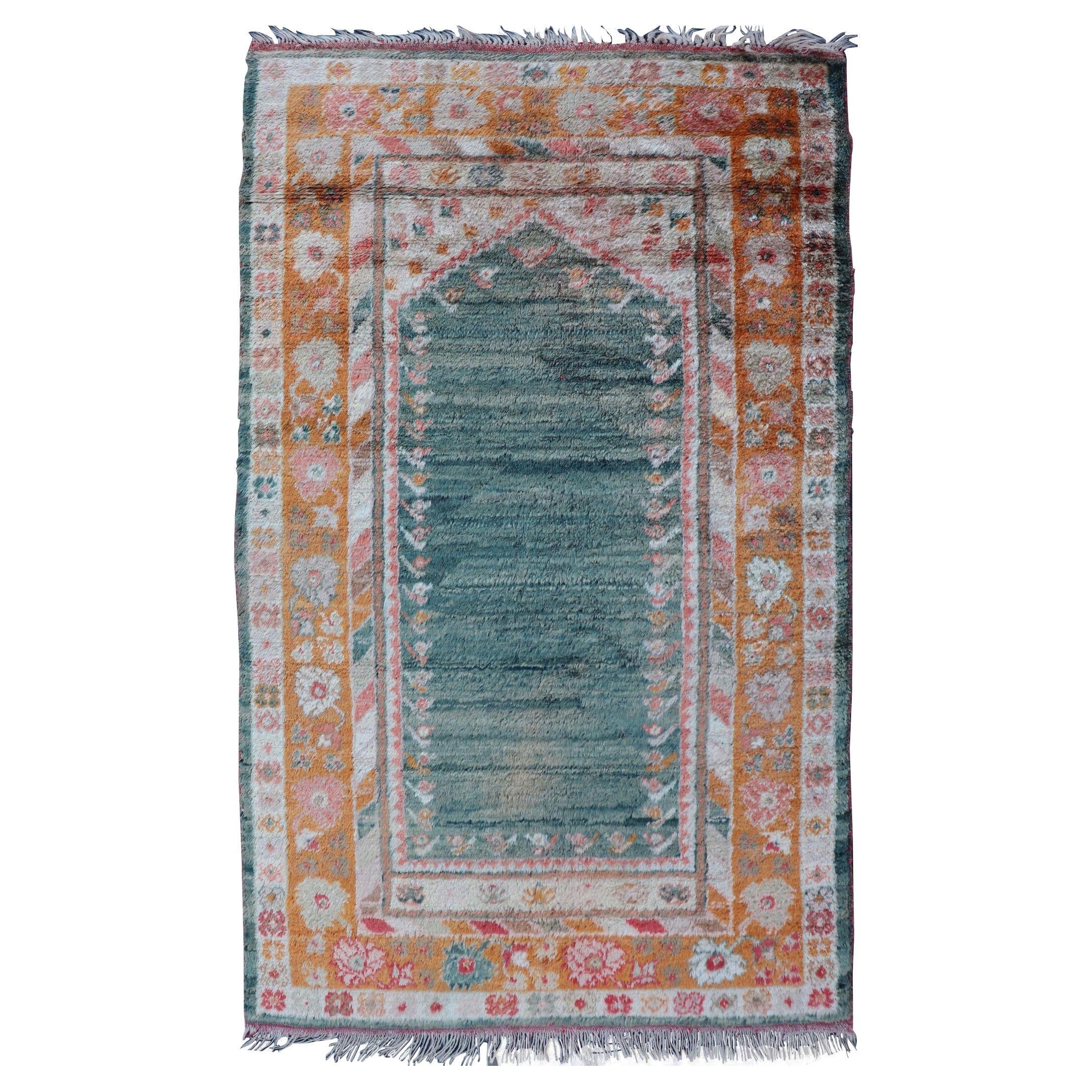 Antique Angora Oushak Rug with Solid Background in Teal, Blue, Orange Colors