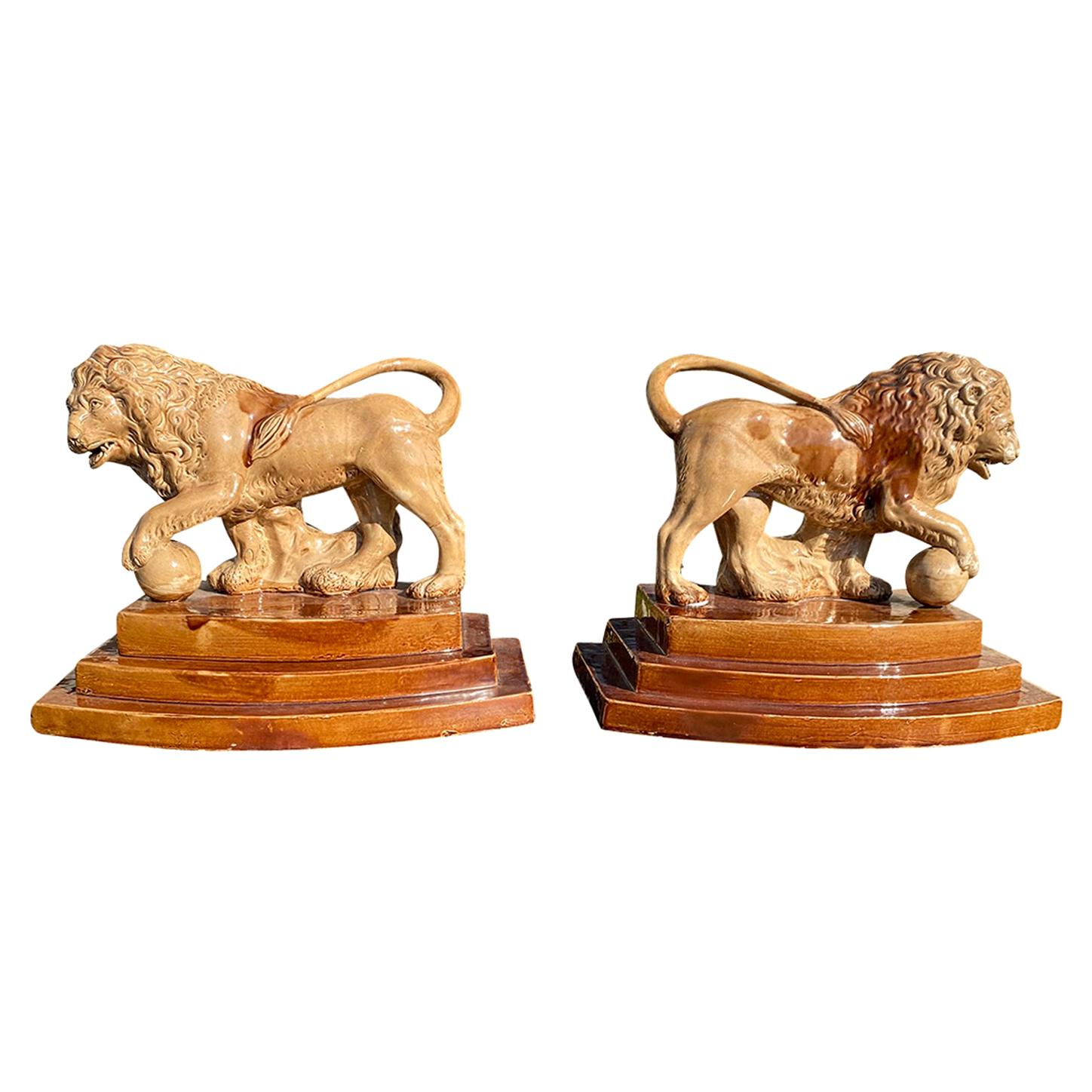 Pair of Circa 1790 English Porcelain Lions, Unusual Form, Unmarked