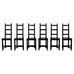 Set of 6 Black Wood Swedish Dining Chairs Sven Larsson, 80s