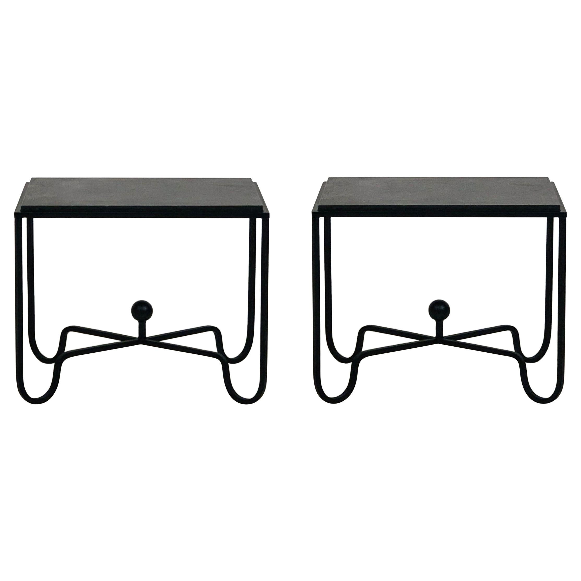 Pair of Iron and Black Limestone 'Entretoise' Side Tables by Design Frères For Sale
