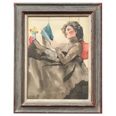 Watercolor of a Woman Reading a Book Signed Ruth Lucas Gonez