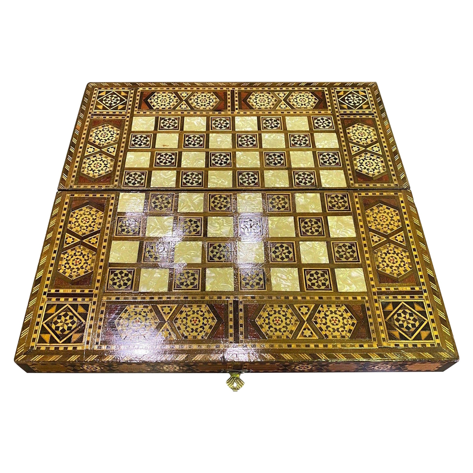 Syrian Moorish Inlaid Mosaic Backgammon and Chess Wooden Game Board Box For Sale