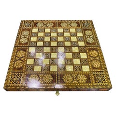 Vintage Syrian Moorish Inlaid Mosaic Backgammon and Chess Wooden Game Board Box