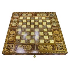 Caja de tablero de juego de madera con incrustaciones de mosaico morisco sirio para backgammon y ajedrez