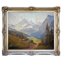 Framed Alpine Trees Mountain Landscape Painting A. Schluter Oil on Canvas, 1950s