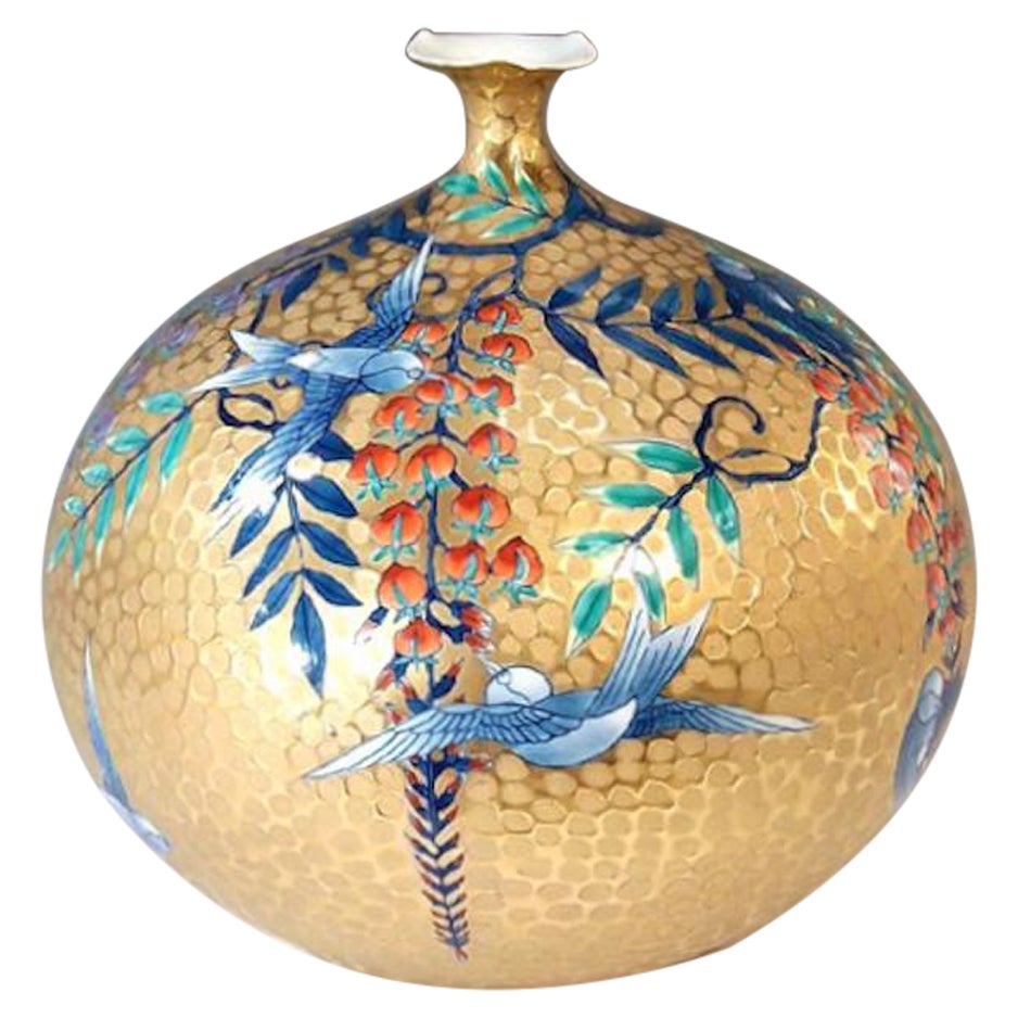 Vase contemporain japonais en porcelaine or bleu violet rouge par un maître artiste, 3