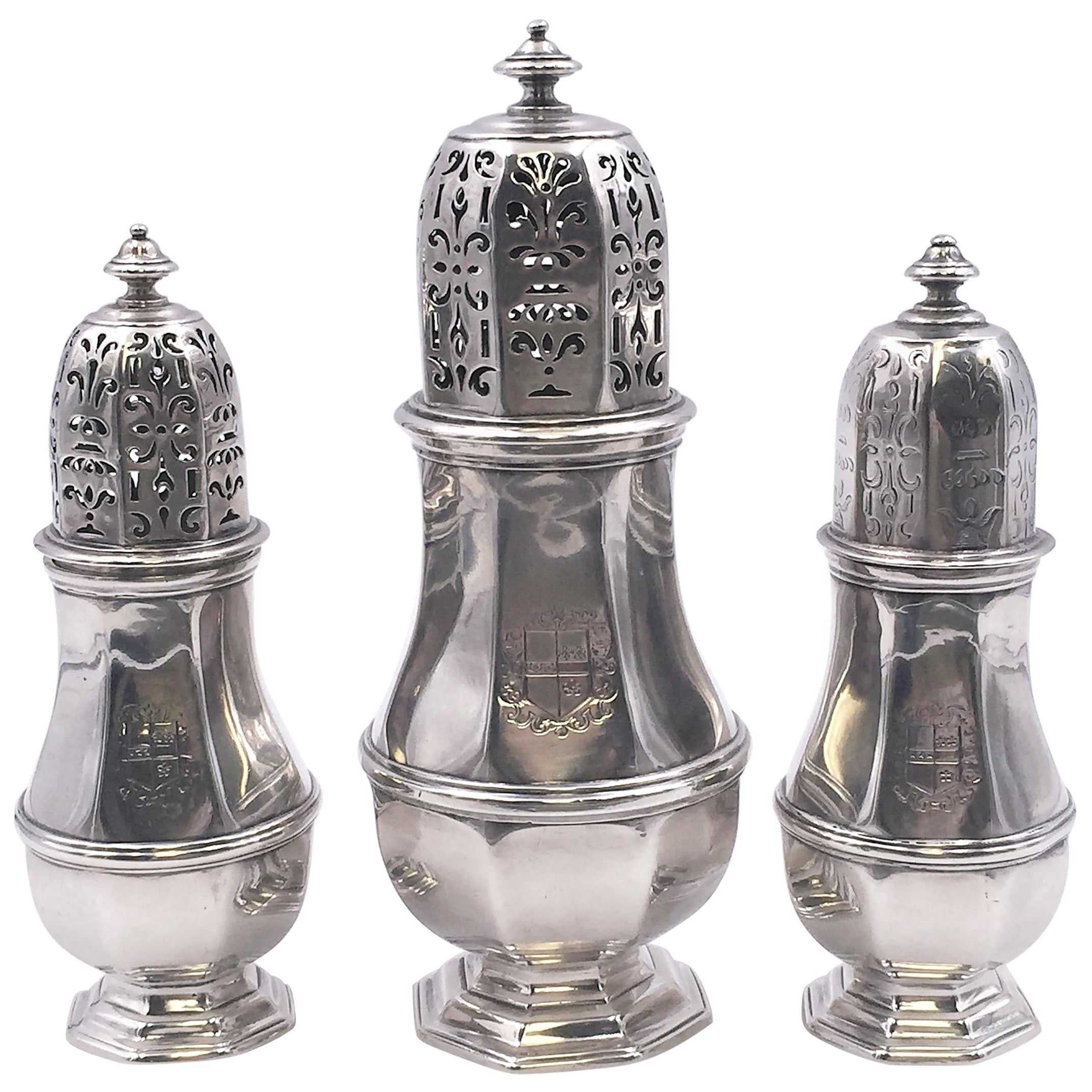 18th Century George I Silver Three-Piece Shaker/ Muffineer Set For Sale