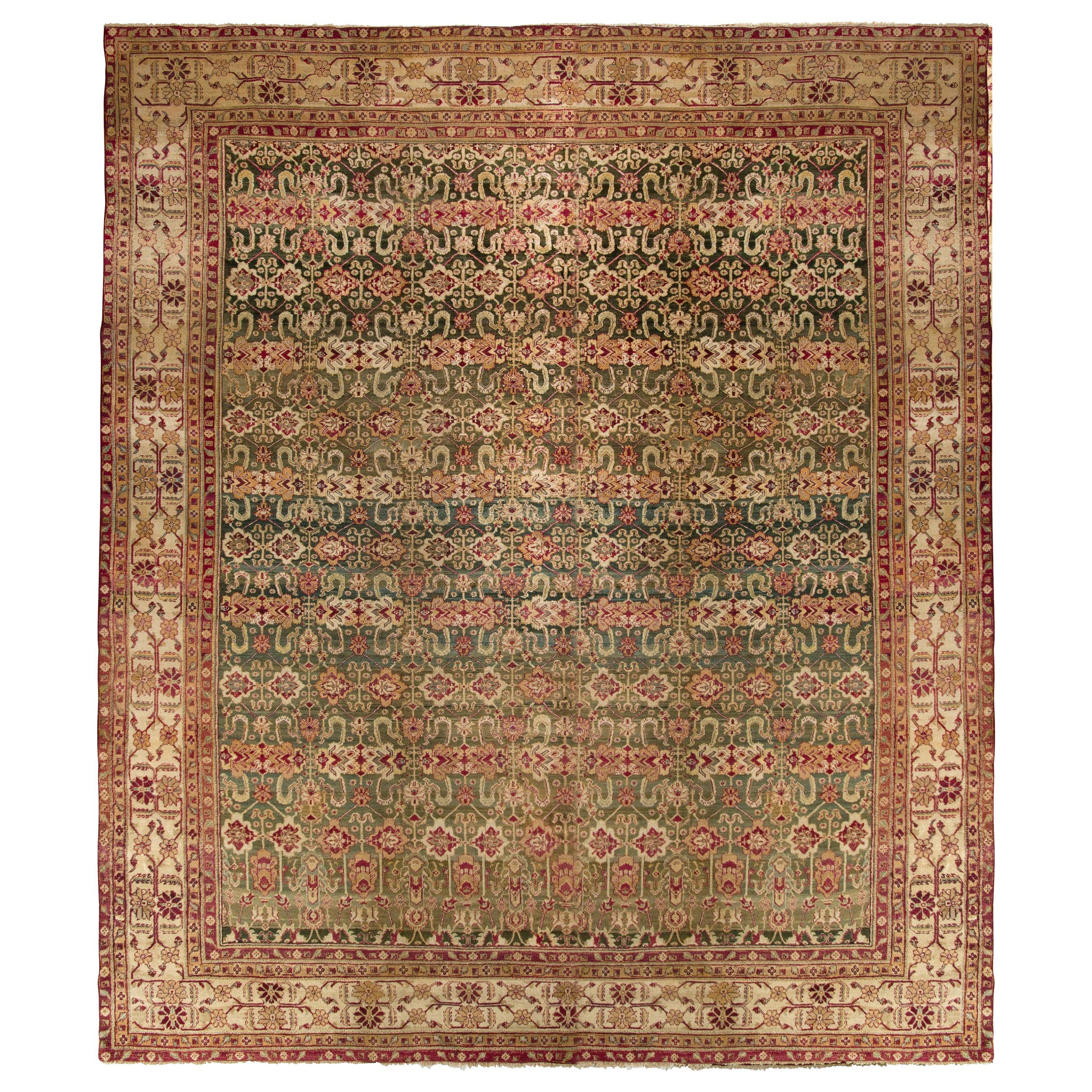 Hand Knotted Antique Agra Rug in Green and Beige with Red Floral Pattern For Sale