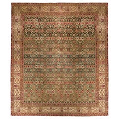 Hand Knotted Antique Agra Rug in Green and Beige with Red Floral Pattern