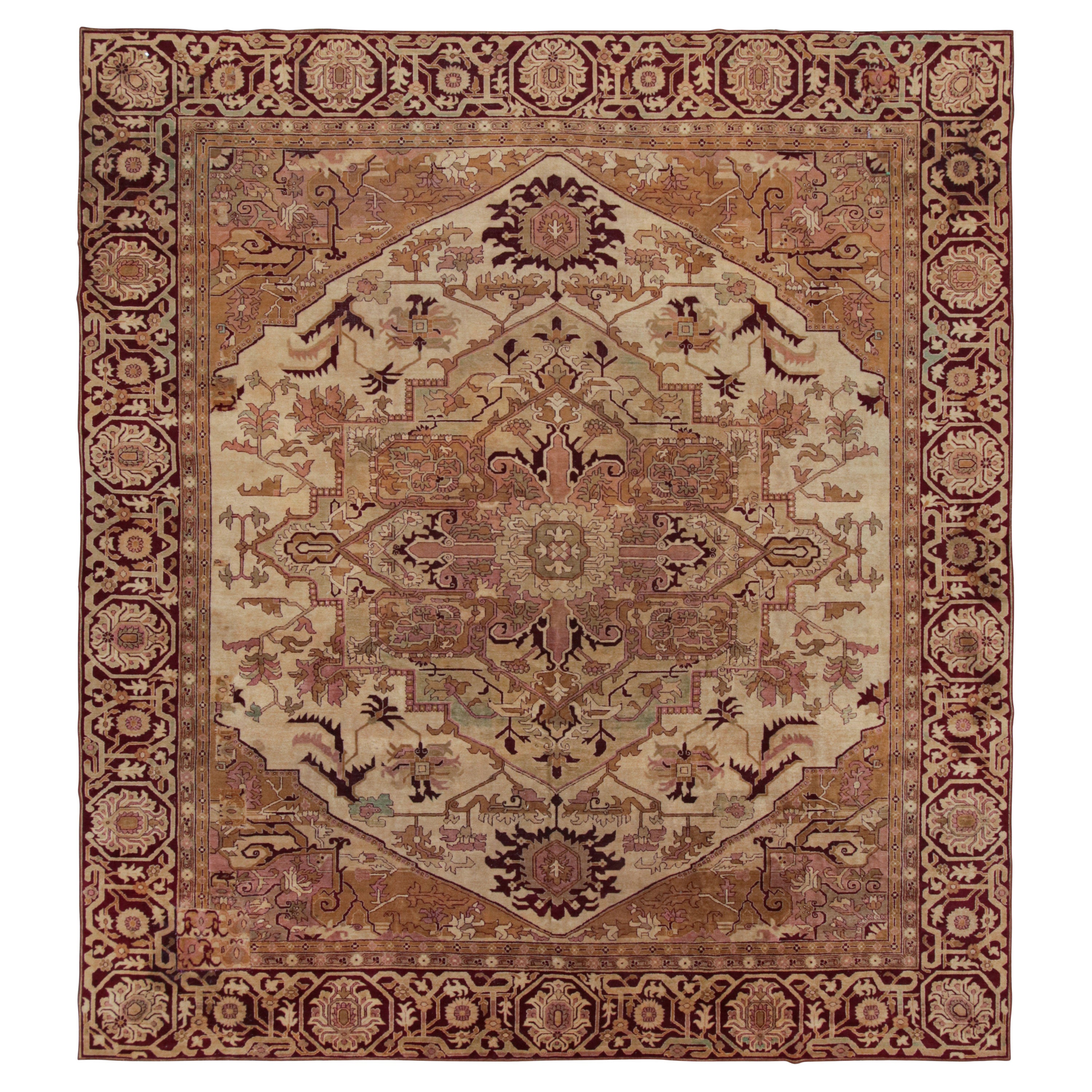 Antique Amritsar Rug in Beige with Green and Pink Medallion, from Rug & Kilim For Sale