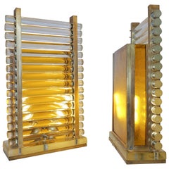 Vintage 1970s Italian Postmodern Pair of Gold Brass and Crystal Glass Urban Design Lamps