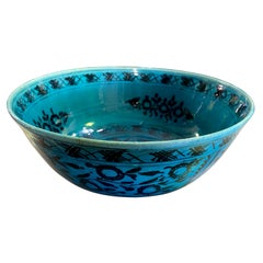 Persian Blue Glazed Large Pottery Ceramic Footed Bowl, 19th-20th Century