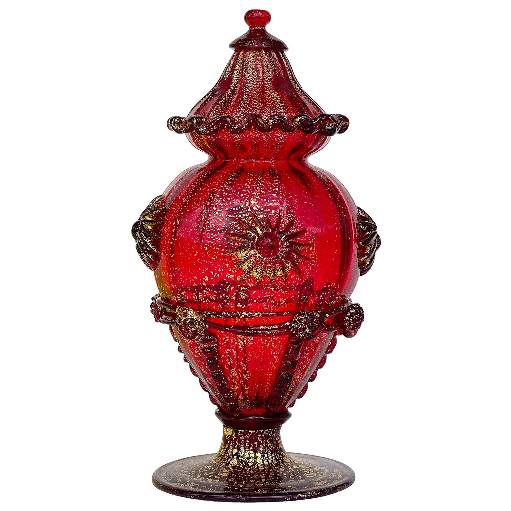 Antique Venetian Ruby Red Gold Flecks Italian Art Glass Ornate Table Object