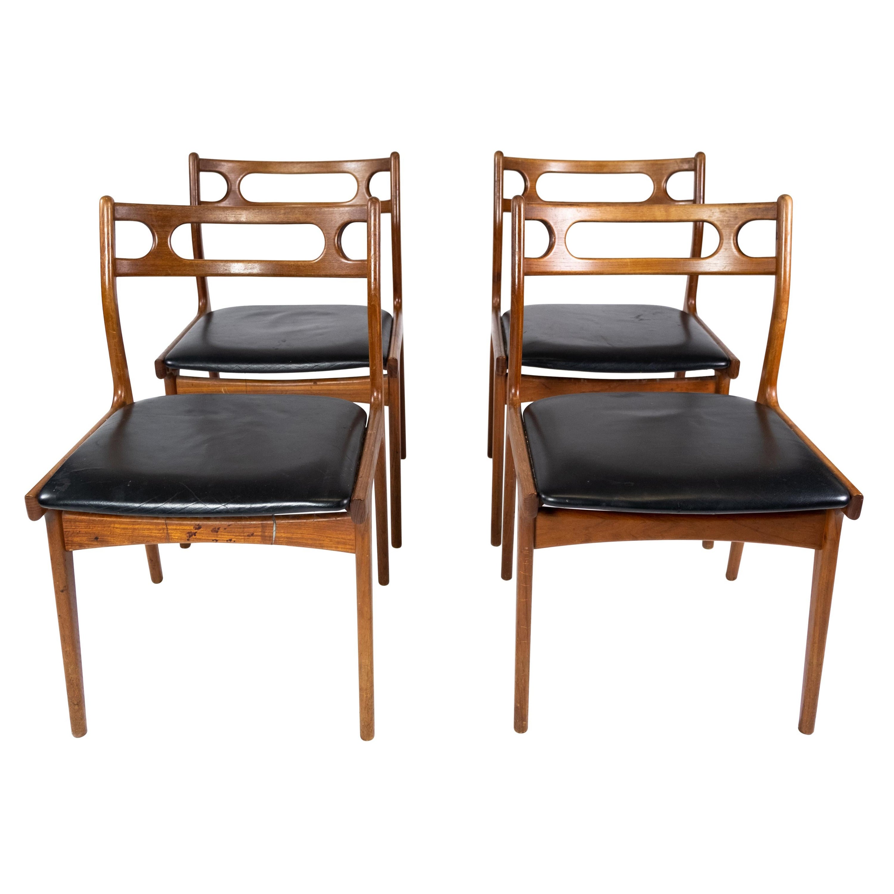 Set Of Four Dining Room Chairs Made In Teak & Black Leather, Danish Design 1960s