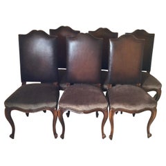 Set of Six Walnut Country French Chairs, Brown Leather Back, Brown Velvet Seats