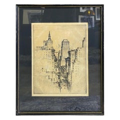 Signed New York City Black & White Cityscape Skyline Etching, 19th-20th Century
