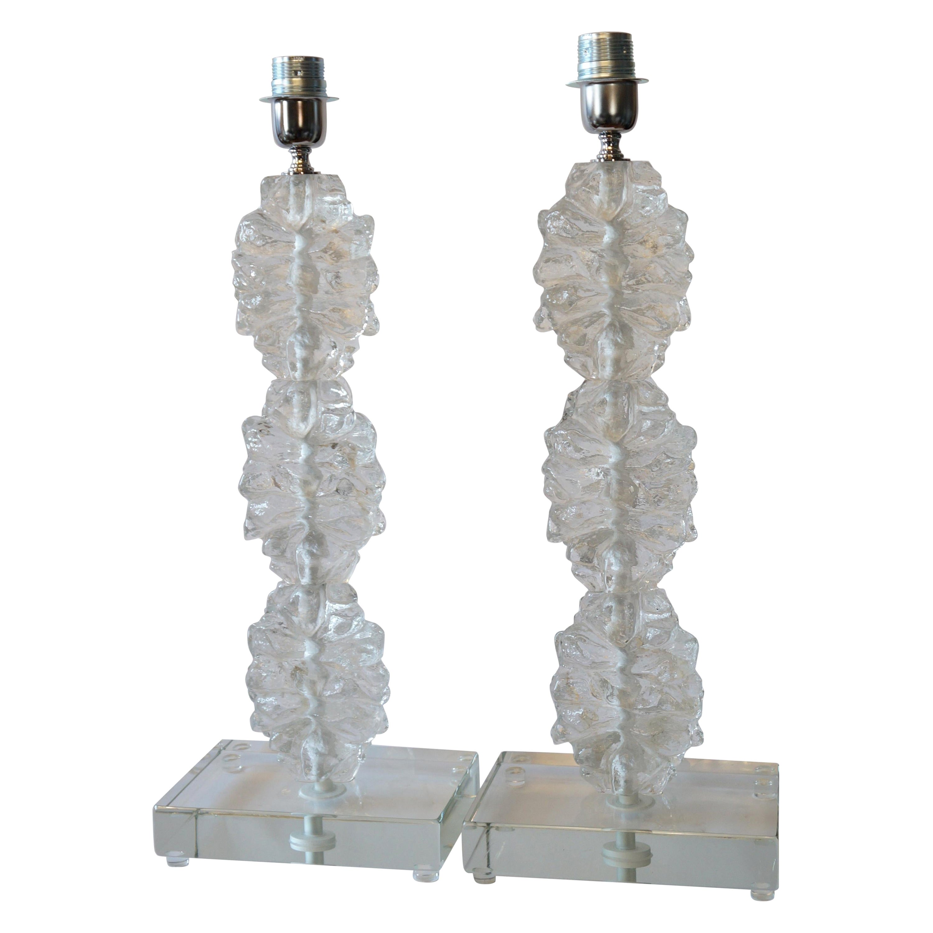 Toso Murano Mid-Century Modern White Two Murano Glass Table Lamps, 1978