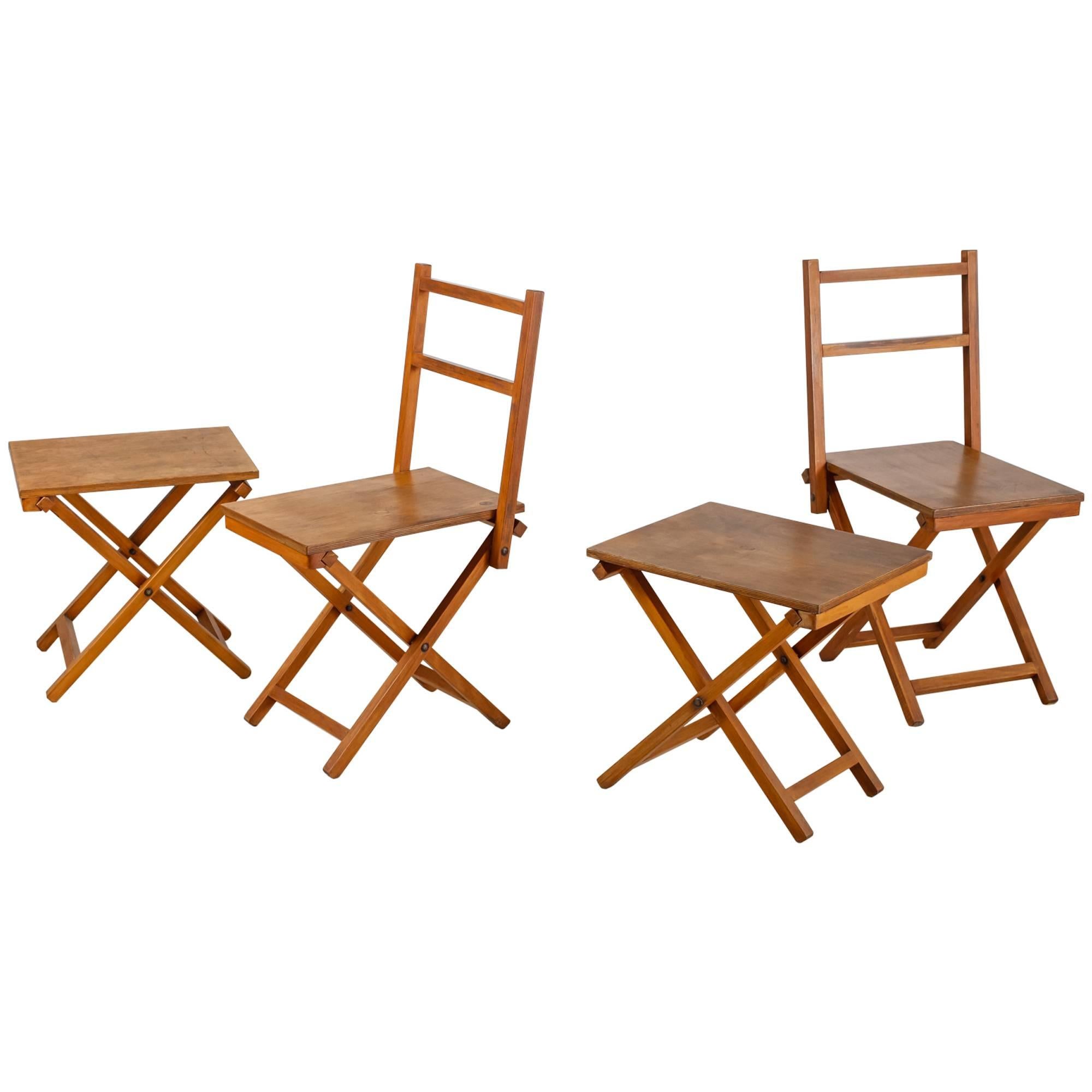 Set of Two Wooden Folding Chairs and Two Stools, Dutch, 1950s