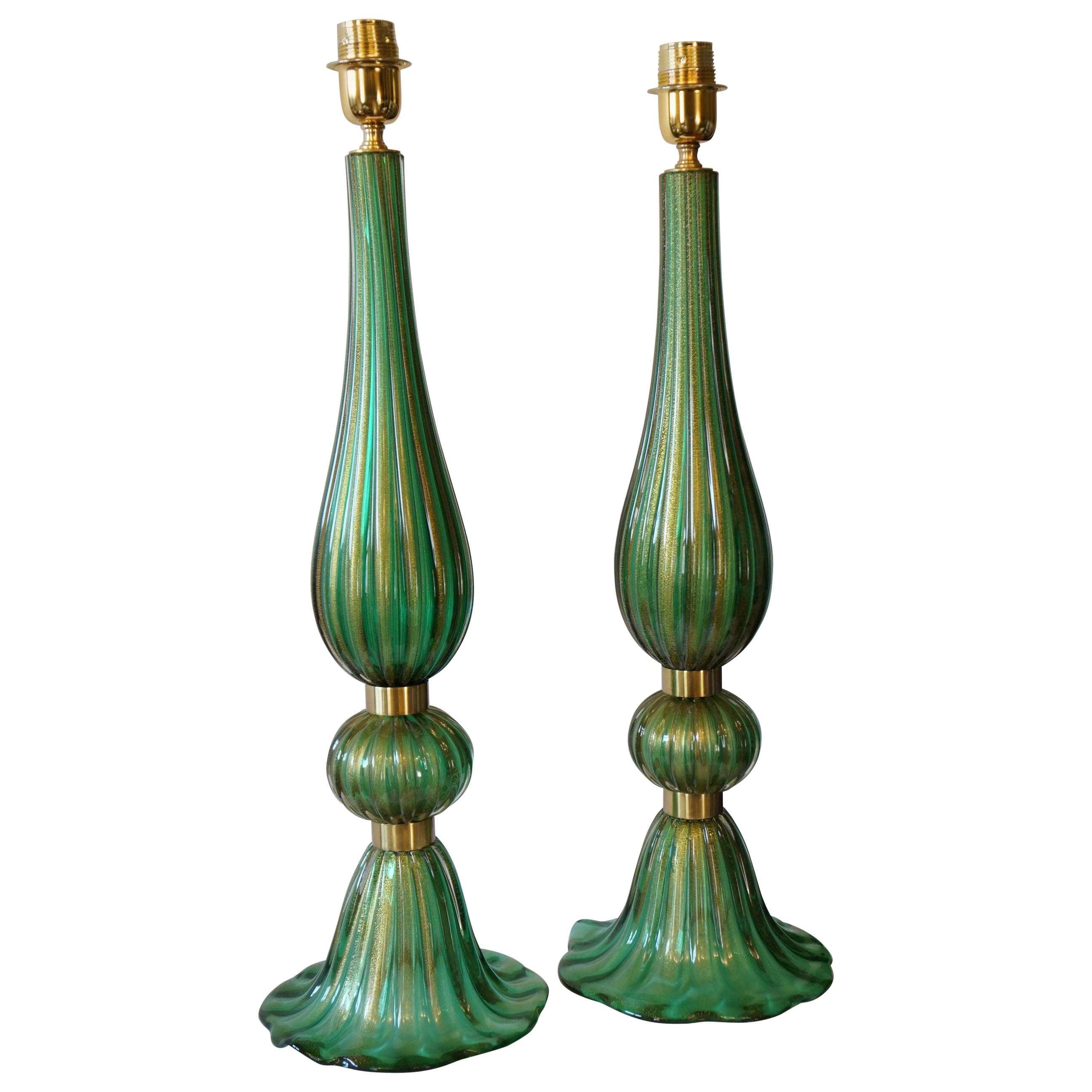 Toso Murano Mid-Century Modern Green Two Murano Glass Table Lamps Italian, 1987 For Sale