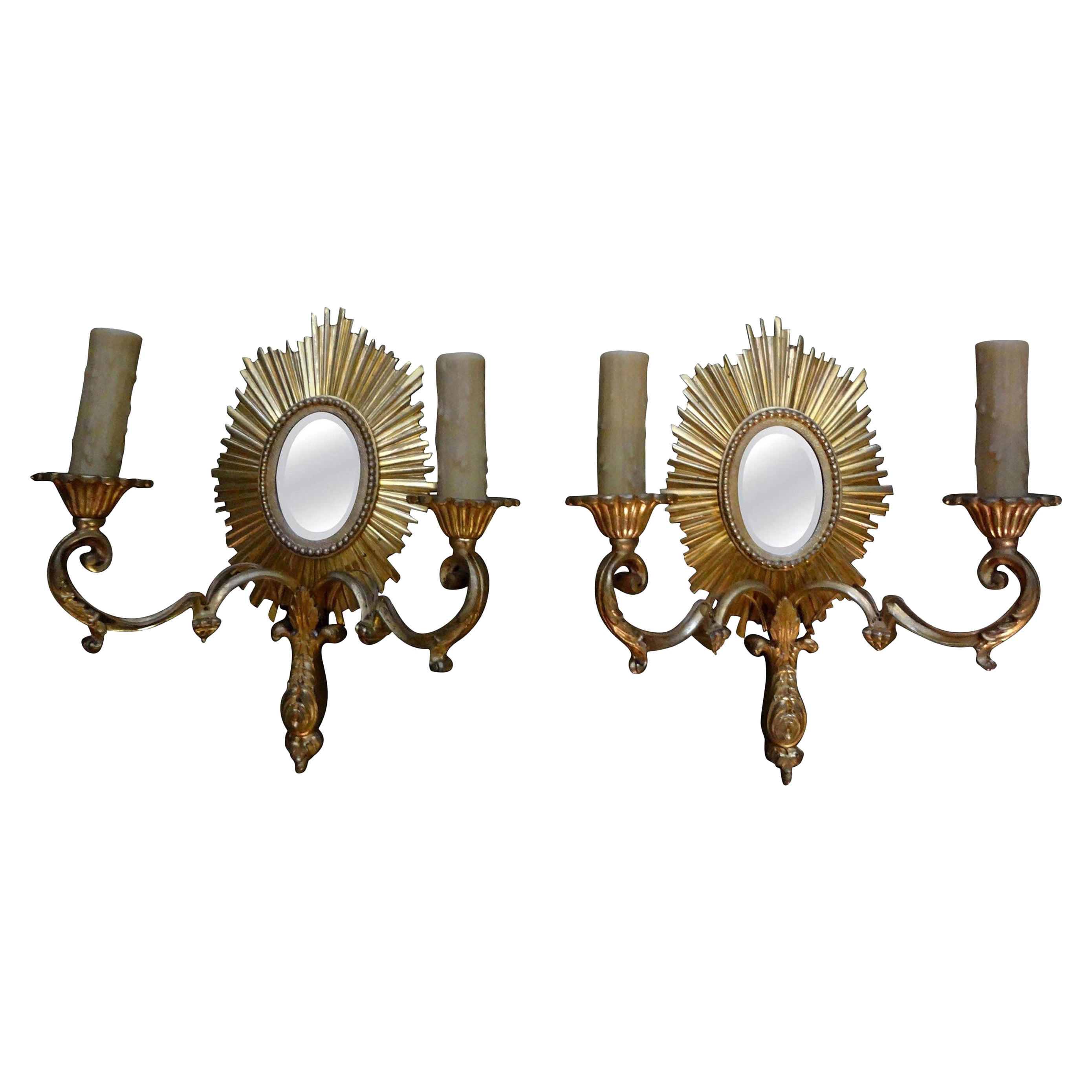 French Maison Baguès Attributed Gilt Bronze Sunburst Sconces
