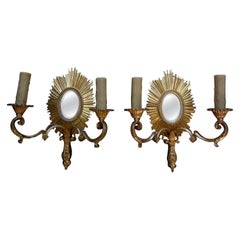 French Maison Baguès Attributed Gilt Bronze Sunburst Sconces