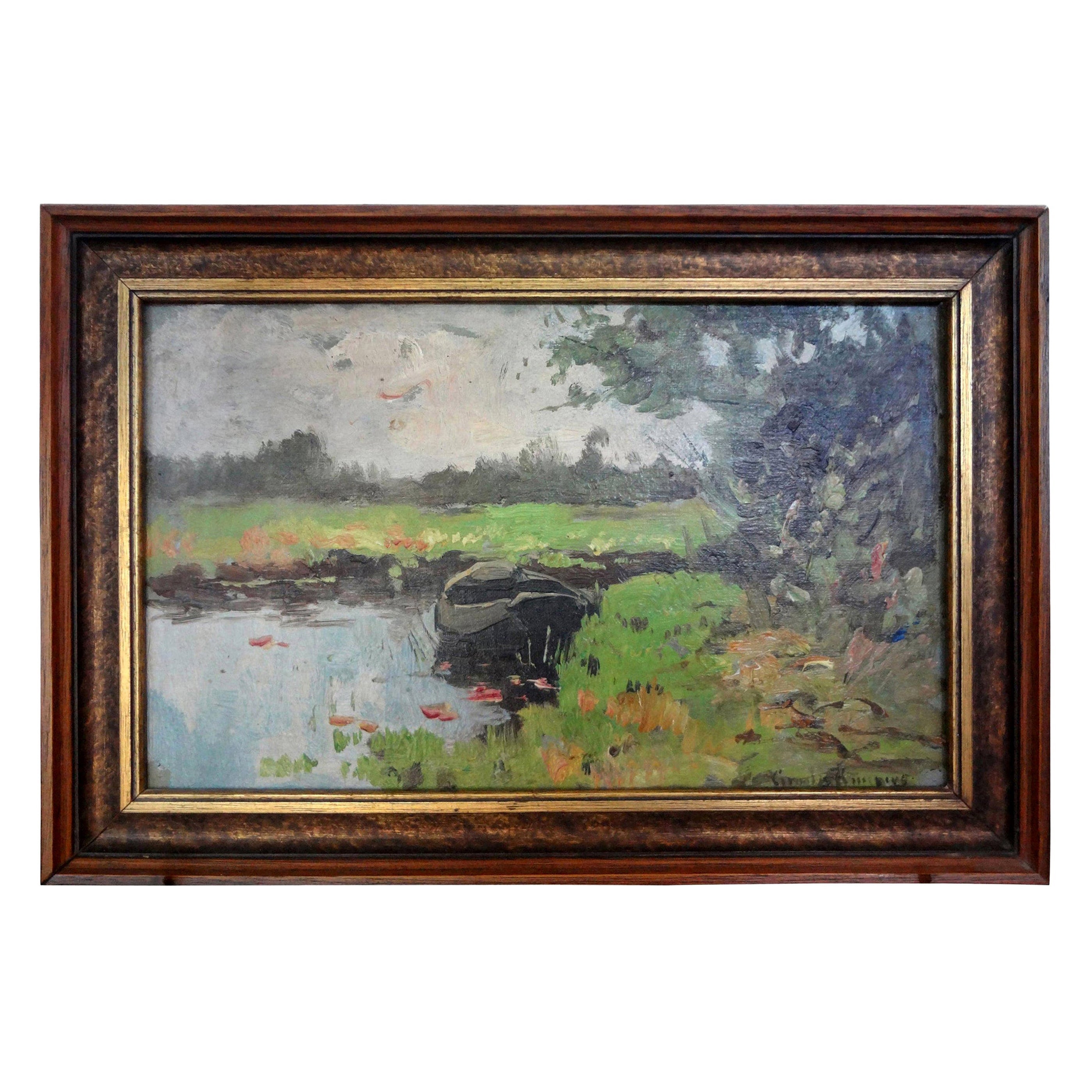 Antiguo cuadro impresionista al óleo sobre tabla enmarcado