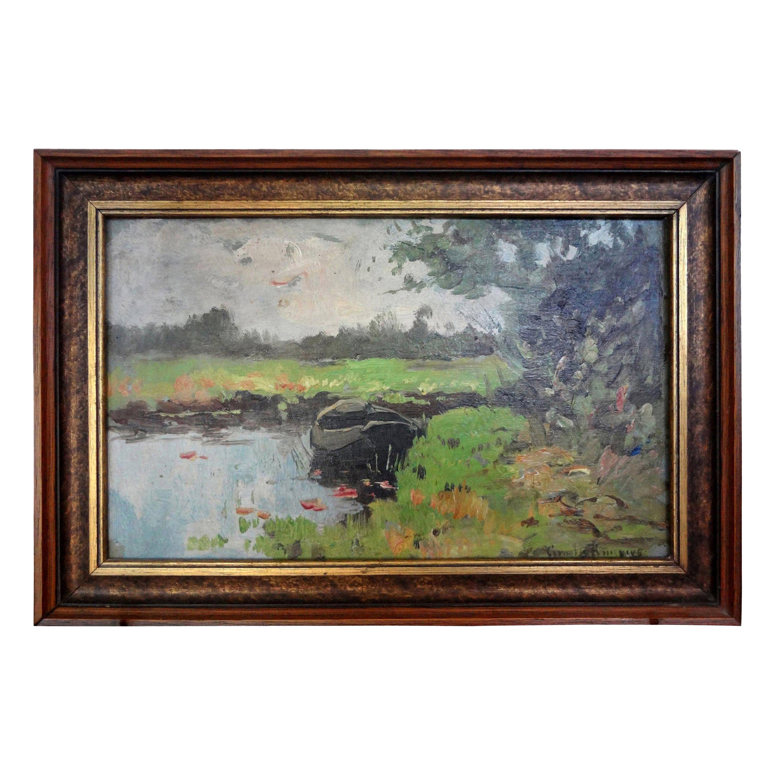 Antiguo cuadro impresionista al óleo sobre tabla enmarcado en venta