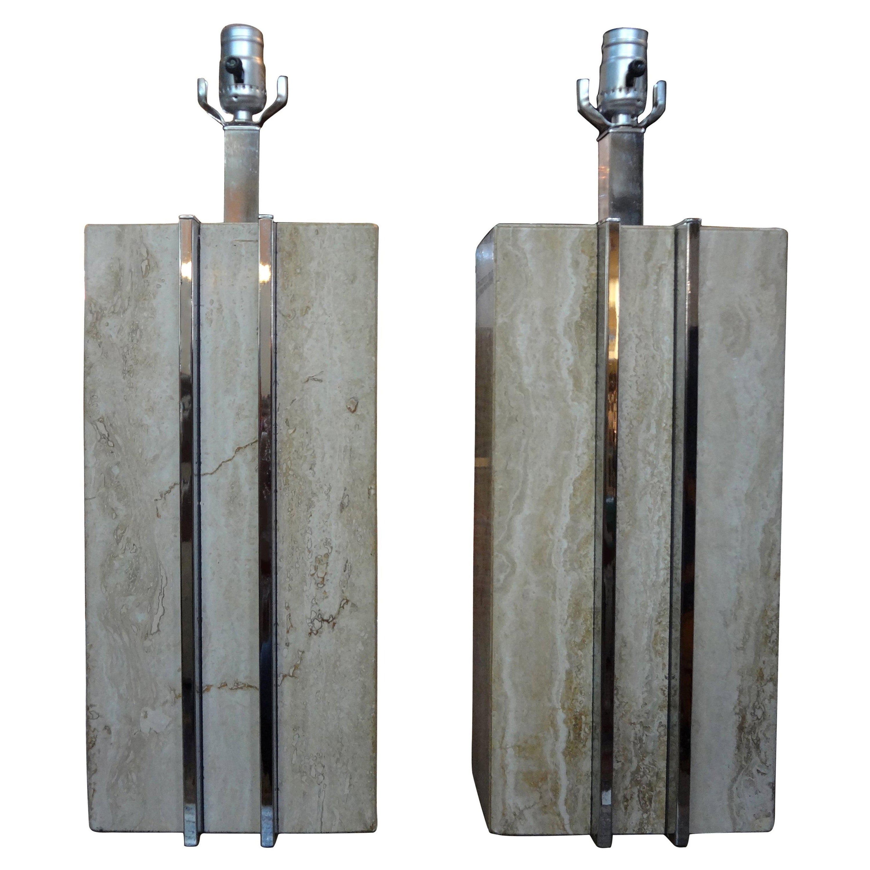 Pair of Italian Mid-Century Modern Travertine and Chrome Lamps