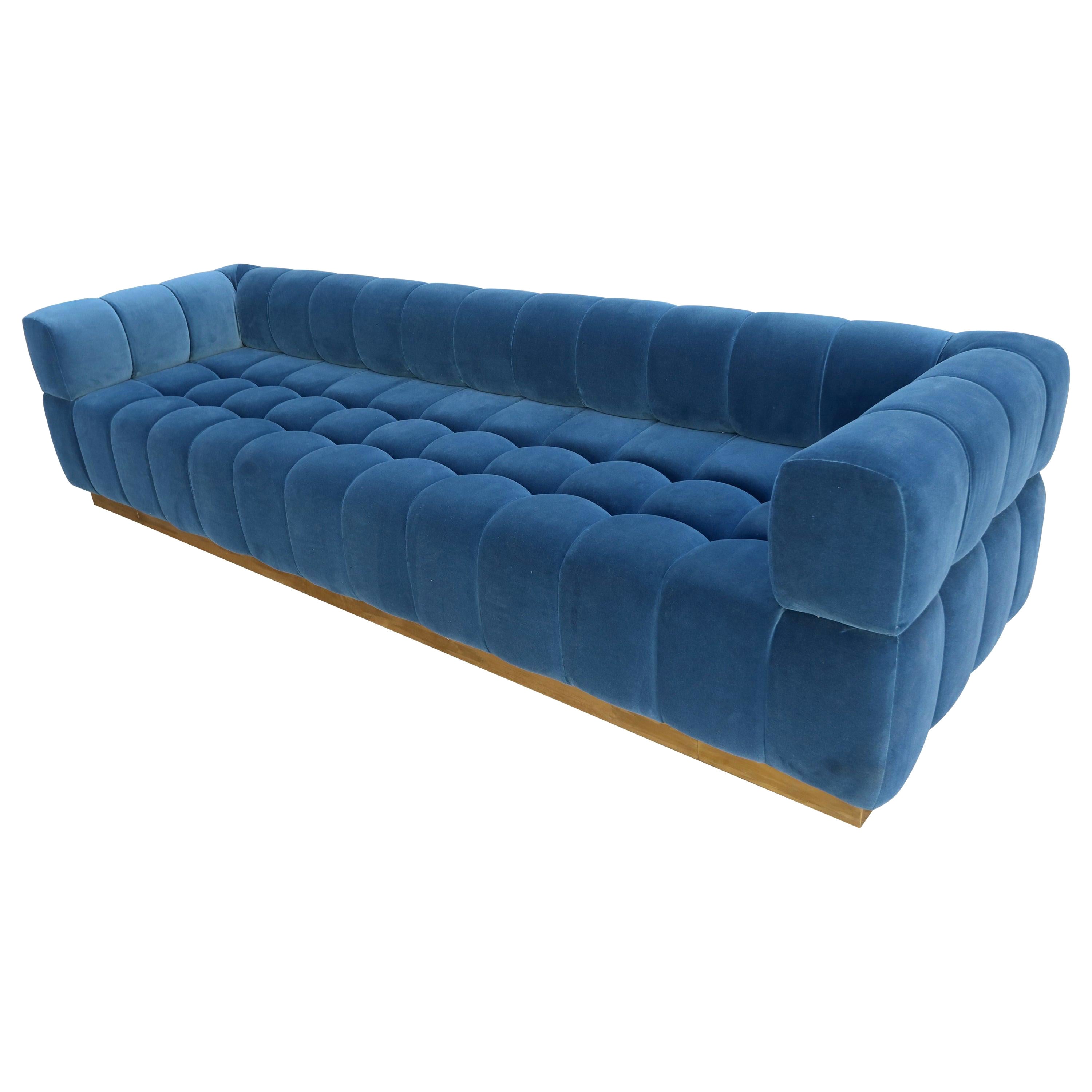 Custom Tufted Blue Velvet Sofa with Brass Base by Adesso Imports