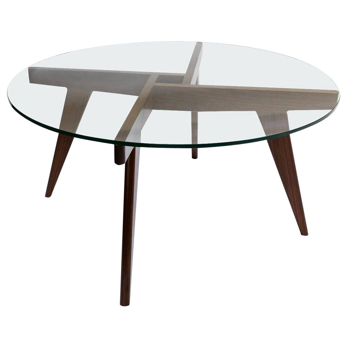 Custom Walnut Midcentury Style Coffee Table with Glass Top by Adesso Imports For Sale