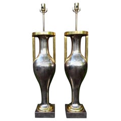 Pair of Monumental Neoclassical Style Silver and Gold Giltwood Urn Form Lamps