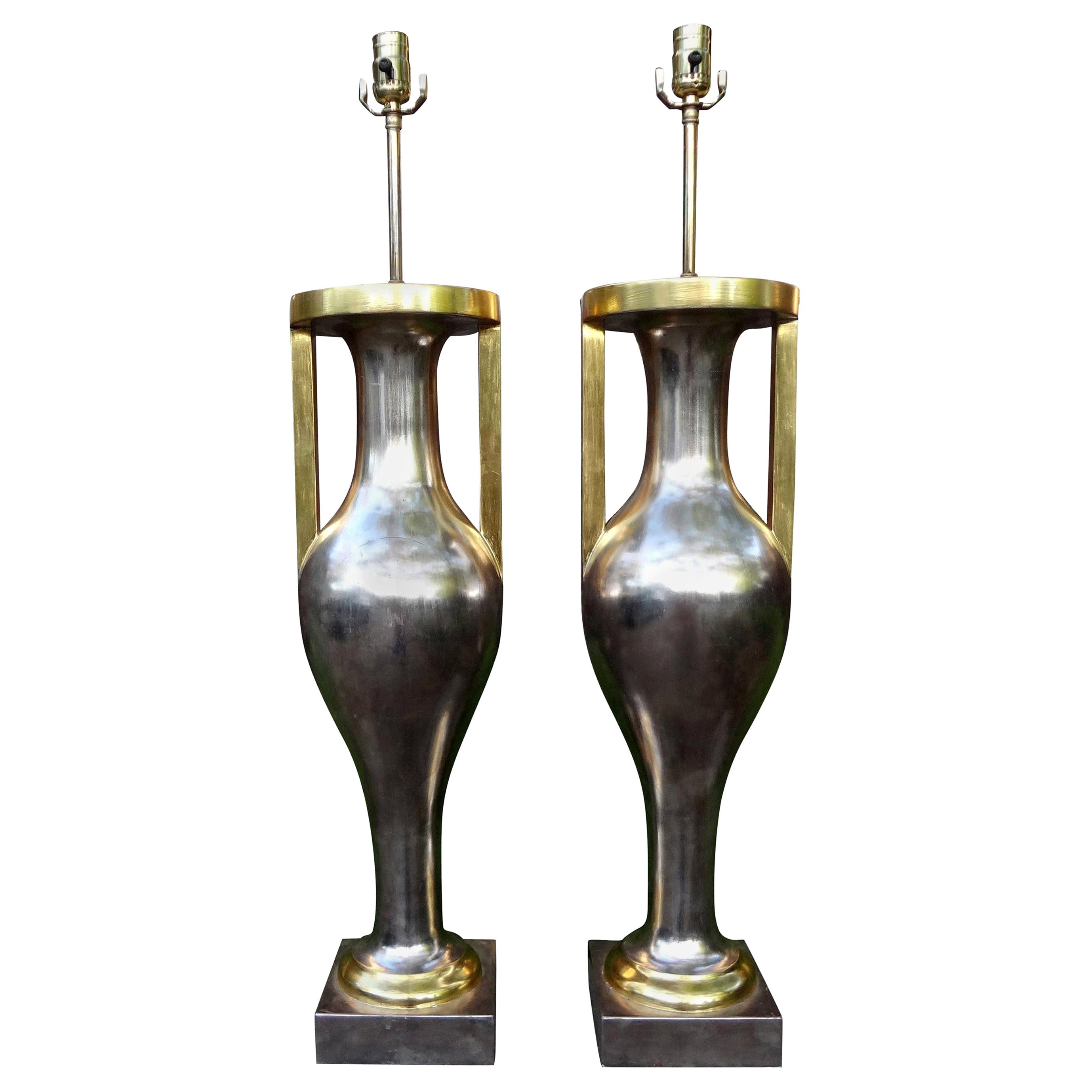 Pair of Monumental Neoclassical Style Silver and Gold Giltwood Urn Form Lamps