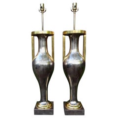 Vintage Pair of Monumental Neoclassical Style Silver and Gold Giltwood Urn Form Lamps