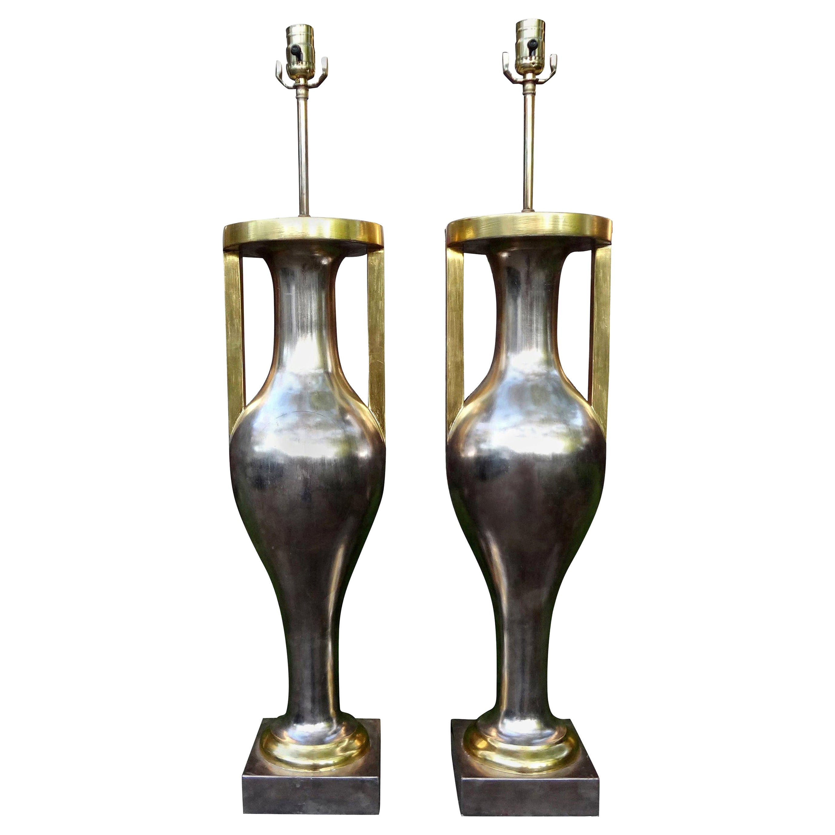 Pair of Monumental Neoclassical Style Silver and Gold Giltwood Urn Form Lamps