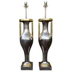 Pair of Monumental Neoclassical Style Silver and Gold Giltwood Urn Form Lamps