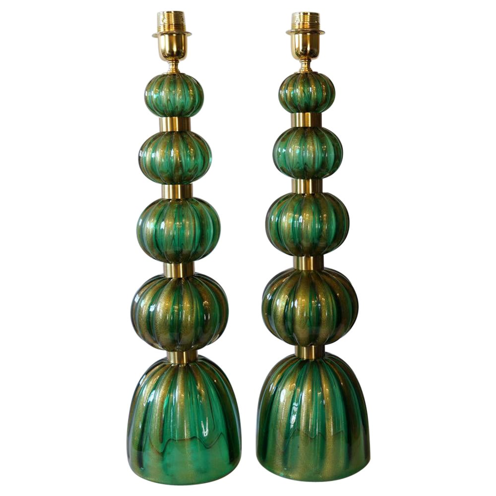 Toso Murano Mid-Century Modern Green Gold Two Murano Glass Table Lamps, 1987 For Sale