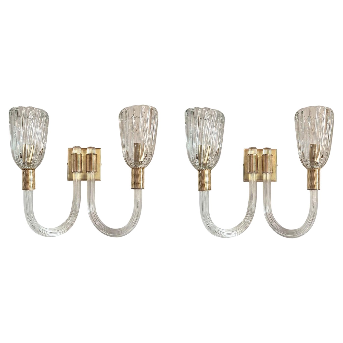 Murano Glass & Brass Sconces, Attr to Barovier - a pair