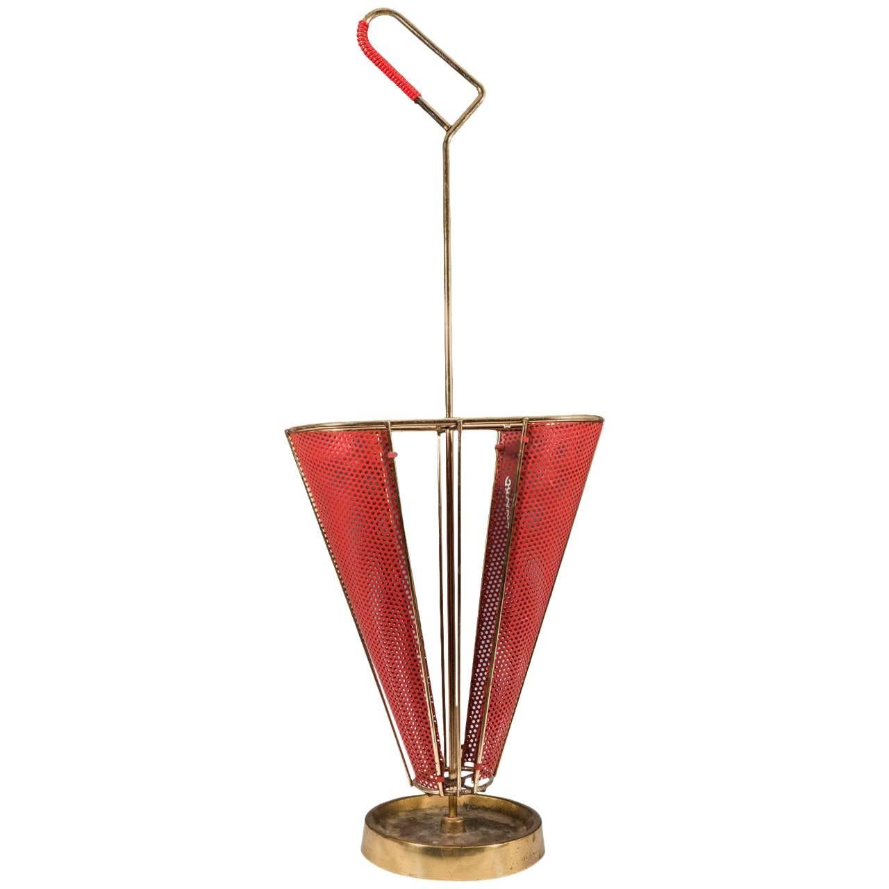 Midcentury Brass-Plated and Red Enameled Italian Umbrella Stand For Sale