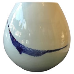 Large Spin Ceramics White Vase with Blue Swirl