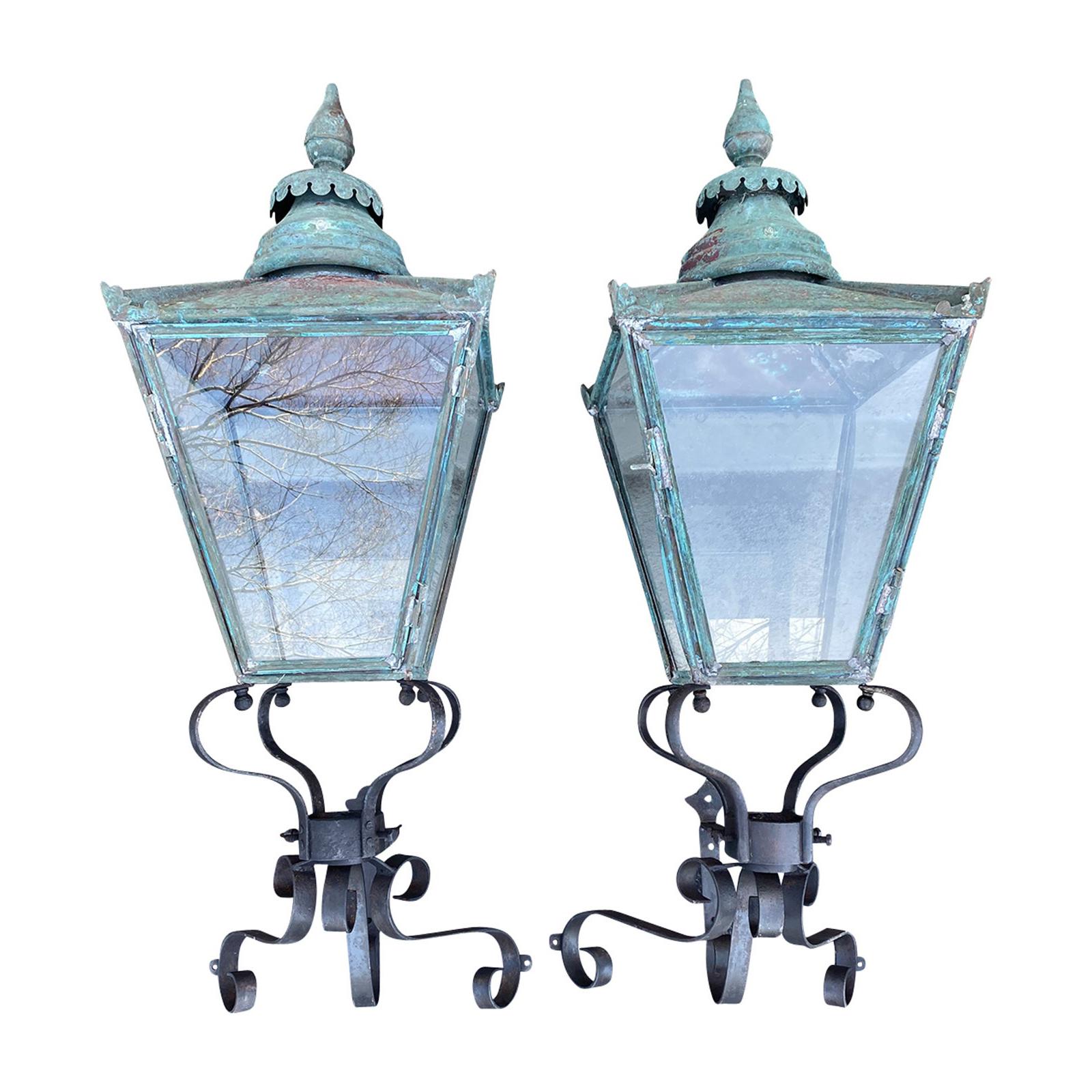 Pair Large 19th Century English Copper Lanterns with 20th Century Iron Brackets For Sale