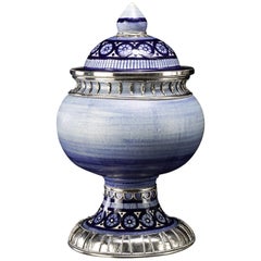 Blue and White Jar, Ceramic and White Metal ‘Alpaca’, Handmade with Cherubs
