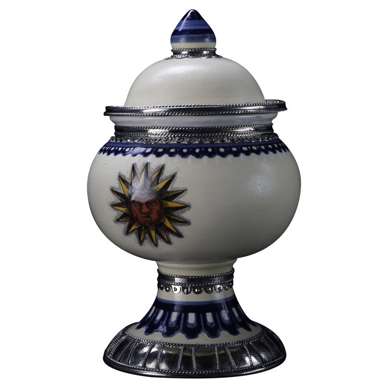 Blue and White Jar, Ceramic and White Metal ‘Alpaca’, Handmade with Cherubs For Sale