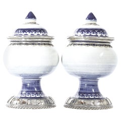 Blue and White Pair Jars,Ceramic and White Metal ‘Alpaca’, Handmade with Cherubs