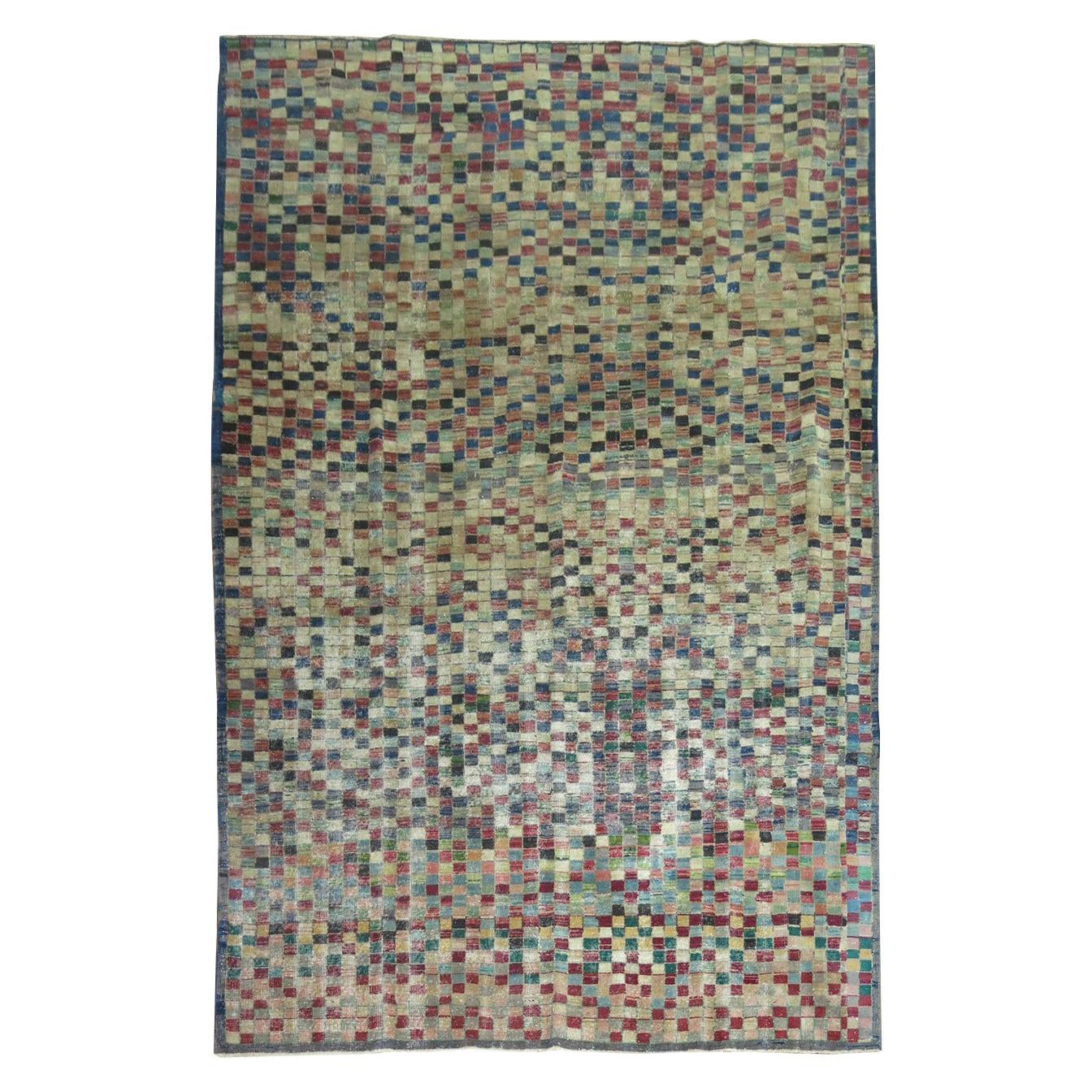 Zabihi Collection Worn Turkish Checker Motif Deco Room Rug