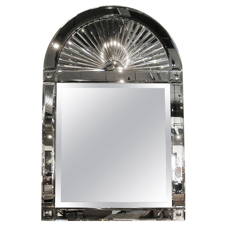 Large rectangular beveled grid mirror in white gold at 1stDibs