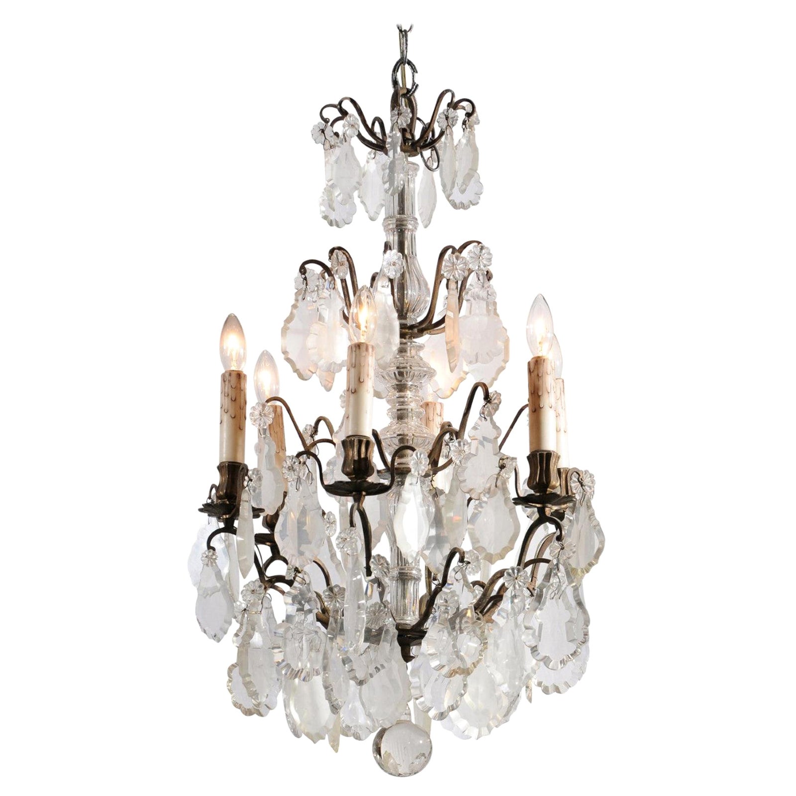 French 19th Century Six-Light Crystal Chandelier with Pendeloques and Rosettes