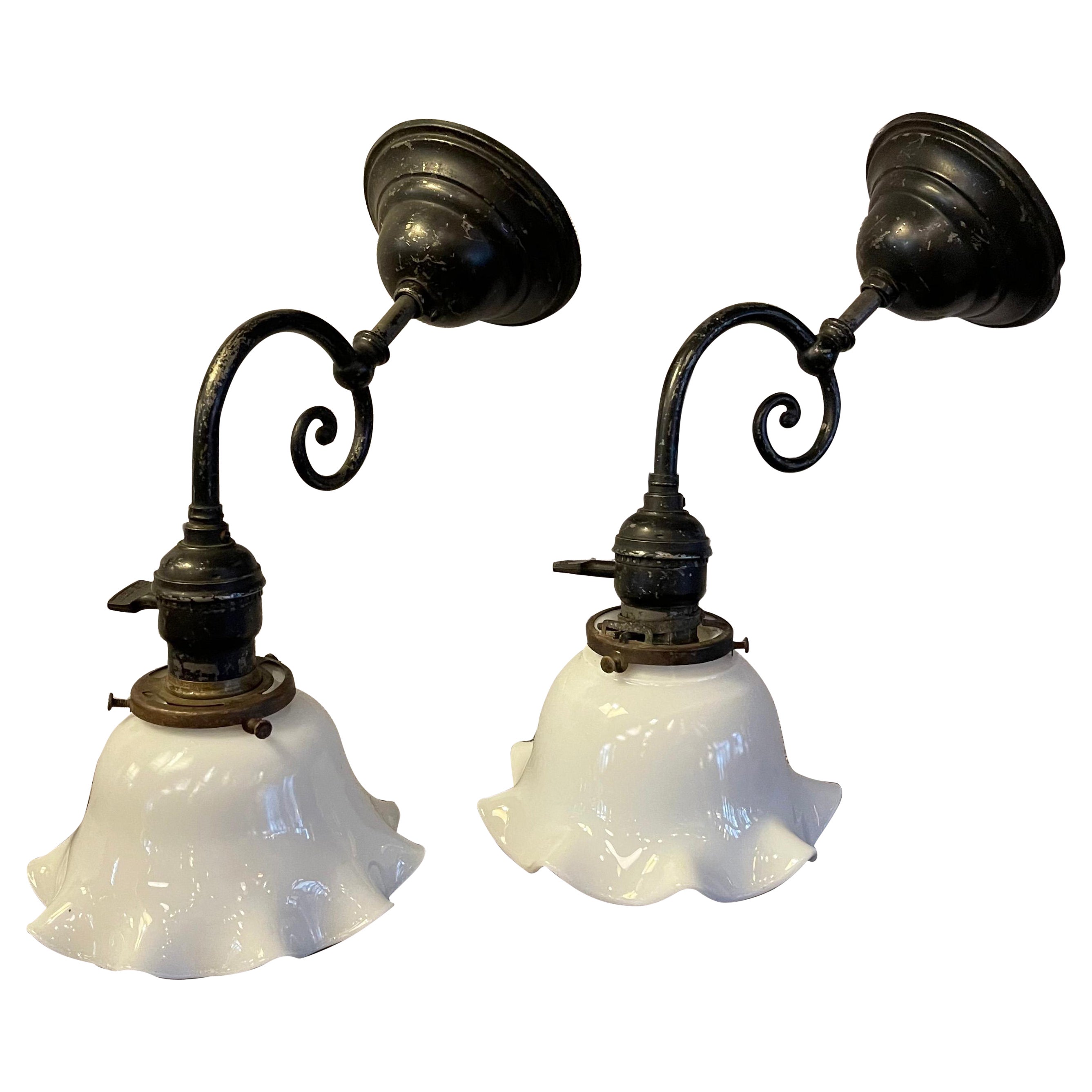 Industrial Blackened Nickel and Milk Glass Wall Sconce Lamps