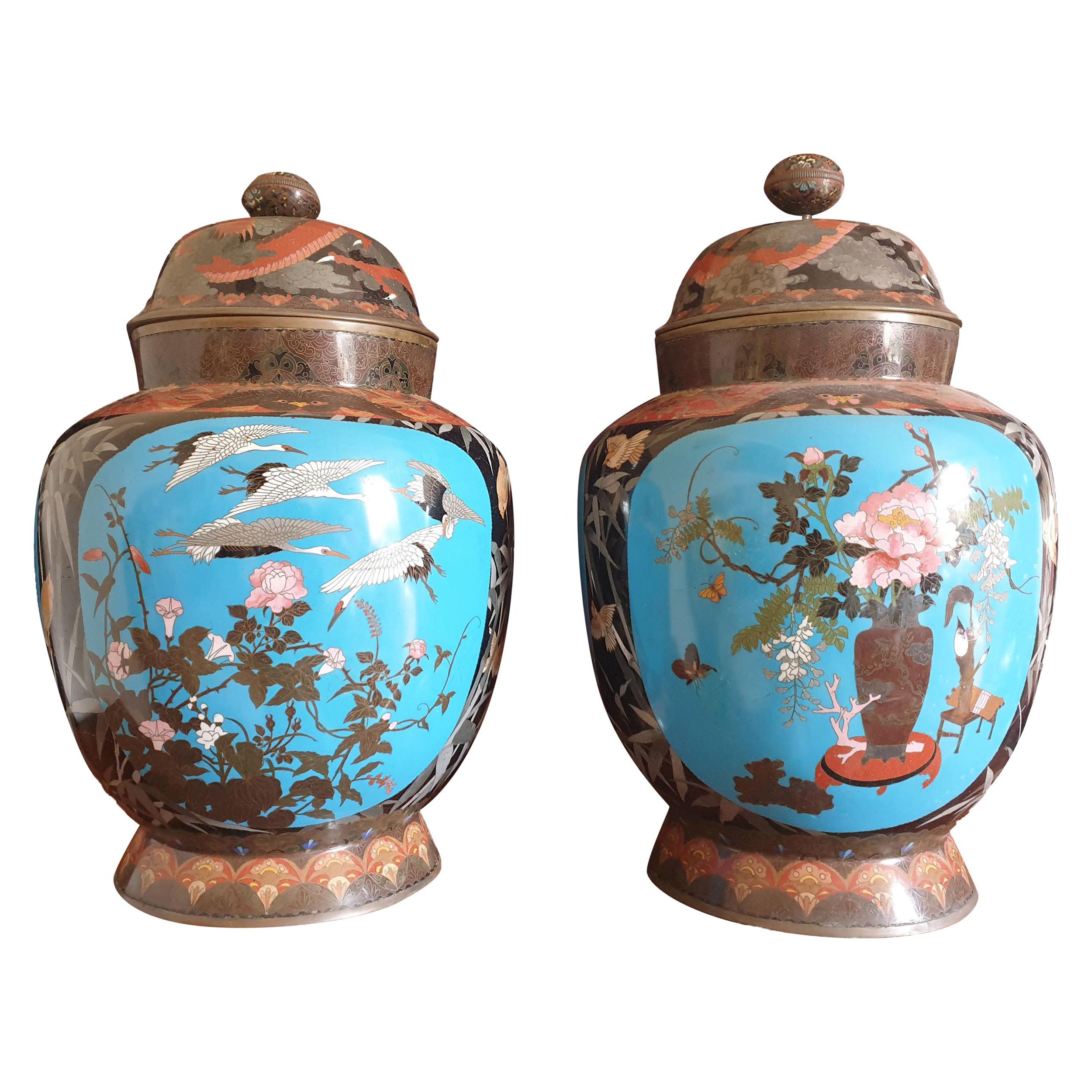 Japanese Meji Period Cloisonné Crane & Bamboo Vases with Scenes of Nature For Sale