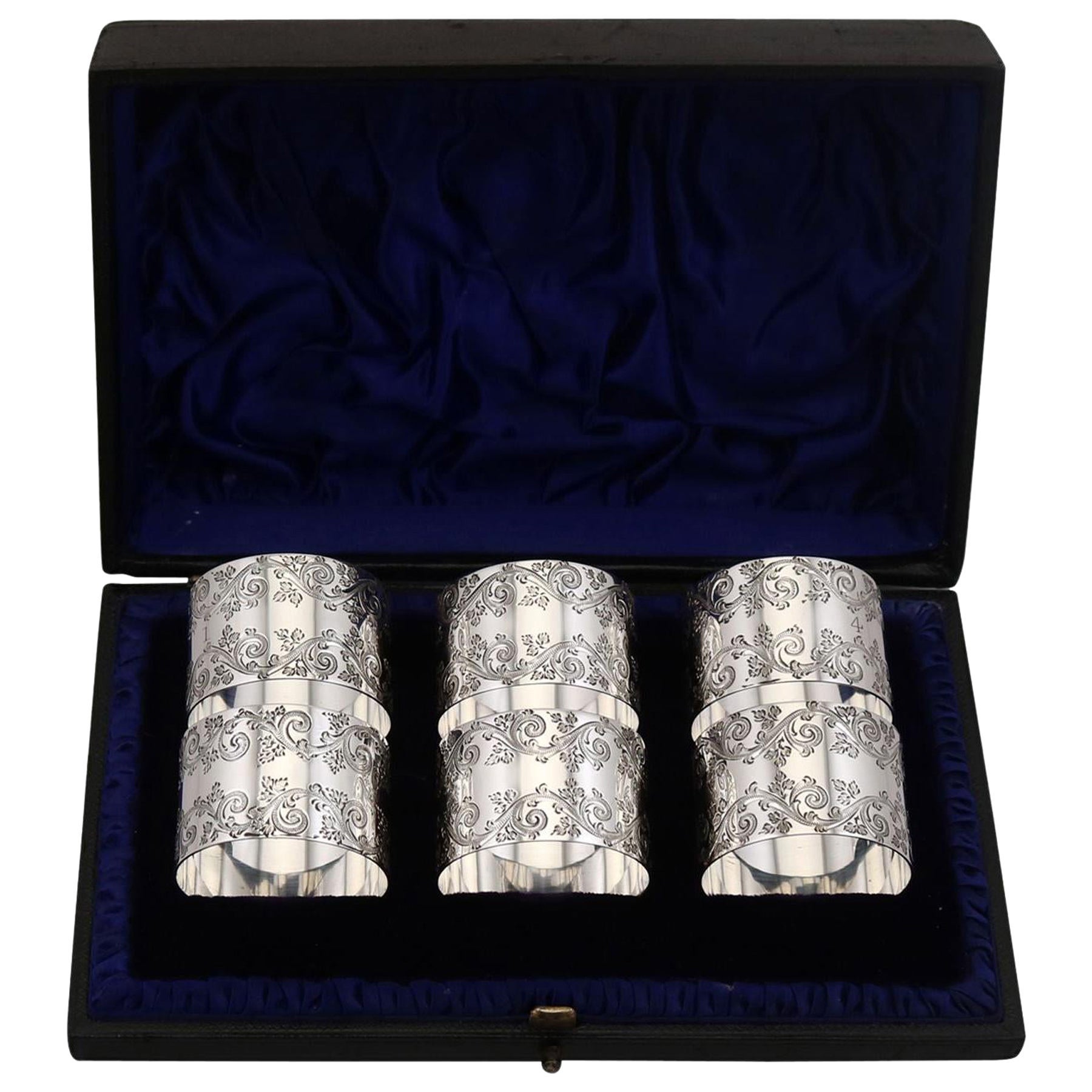 Antique Victorian Sterling Silver Numbered Napkin Rings Set of Six 1897