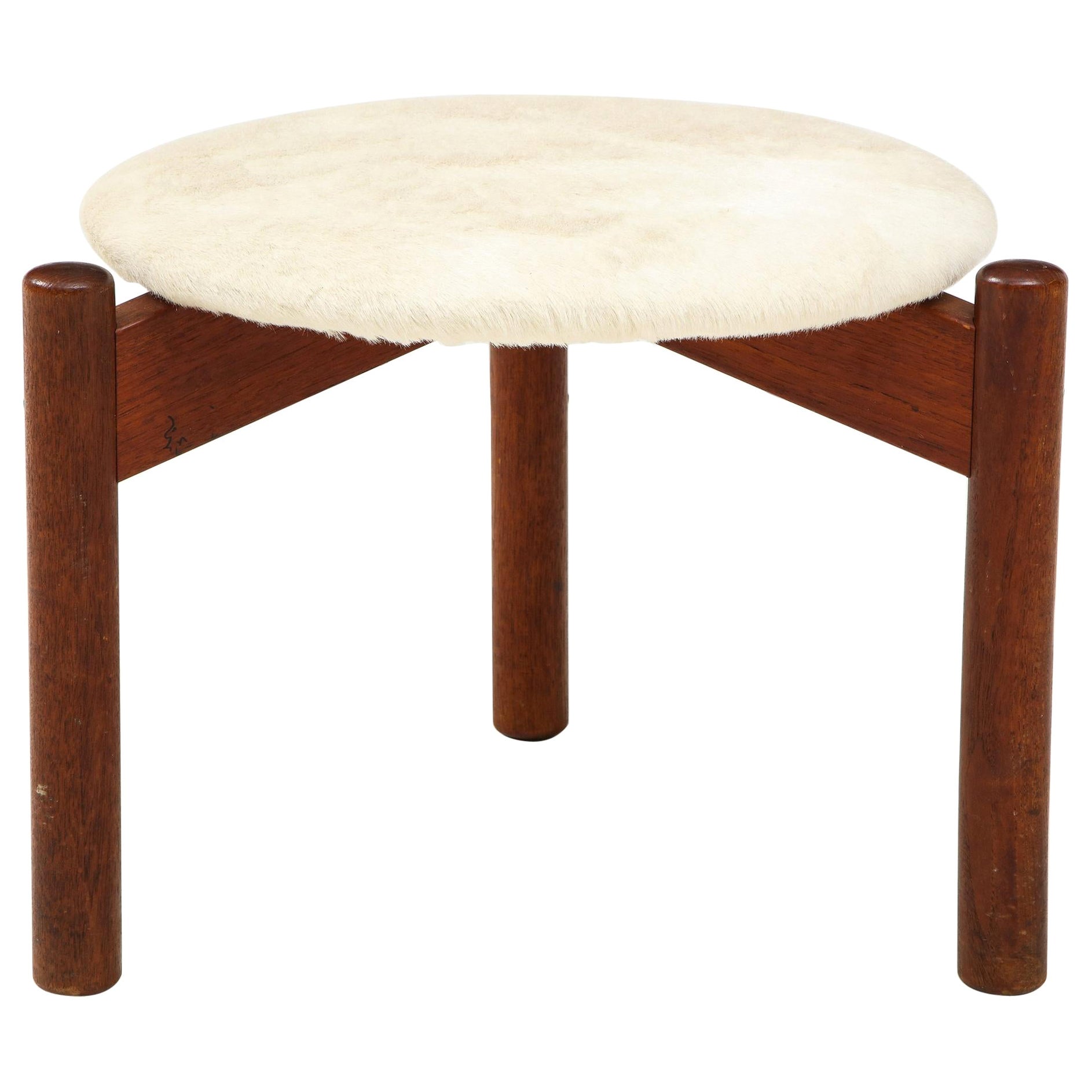 Vintage Mid-Century Danish Tripod Stool with Cow Hair